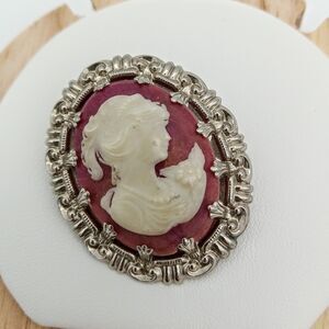 Dark pink cameo brooch, raspberry pink  antique brass brooch